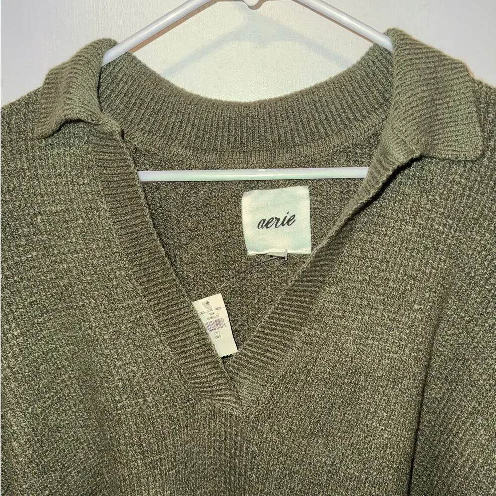 New Aerie Collared V Neck Oversized Knit Sweater Green Women's size S